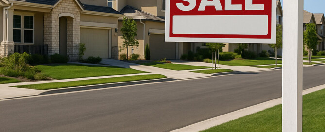 Modern suburban neighborhood in Clovis, CA with “For Sale” sign representing 2025 real estate growth trends