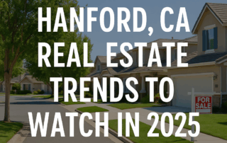 A well-maintained suburban street in Hanford, CA with a “For Sale” sign in front of modern homes, representing real estate market activity in 2025.