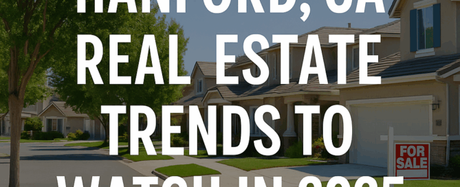 A well-maintained suburban street in Hanford, CA with a “For Sale” sign in front of modern homes, representing real estate market activity in 2025.